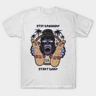 Black Beige Illustrated Skateboard Monkey with Motivational Quote T-Shirt